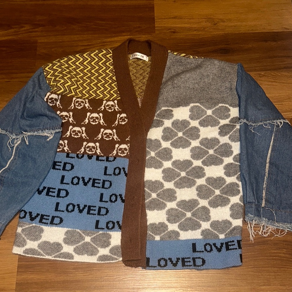 Blue and Brown Jean Jacket with Geometric Patterns
